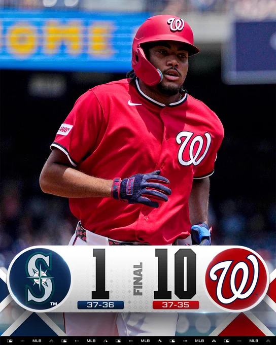 Final Score Graphic
Mariners 1 (37-36) vs. Nationals 10 (37-35)
Pictured: James Wood runs after hitting a home run. He wears a red jersey and helmet while white lettering.