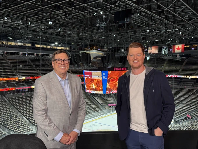 Photo of EJ Hradek and Cory Schneider from T Mobile Arena.