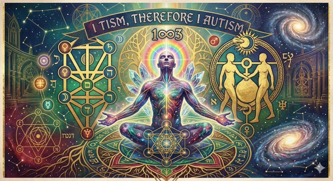 Vibrant, intricate esoteric artwork titled 'I TISM, THEREFORE I AUTISM 1∞3'. The central figure is a translucent, meditating cosmic being in a lotus pose, body filled with galaxies and light pathways. A brilliant rainbow halo radiates from its head, with geometric crystals on shoulders. Above the figure, a banner reads 'I TISM, THEREFORE I AUTISM' and the symbol '1∞3' in stylized text. The being sits on a complex, glowing mandala resembling Metatron's Cube. The entire piece is layered with occult and alchemical symbols: a Kabbalistic Tree of Life and planetary glyphs to the left; two stylized golden figures within an Ouroboros circle to the right. The background features deep space, constellations, spiral galaxies, and ancient temple architecture, all framed by golden geometric patterns on a textured scroll background. The style is a rich, mystical vintage illustration, blending spiritual and cosmic themes with bold colors and detailed lines. 1️⃣♾️3️⃣