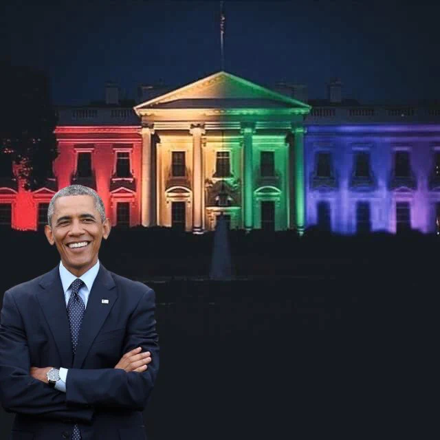Image of smiling President Obama and White House in rainbow colors.