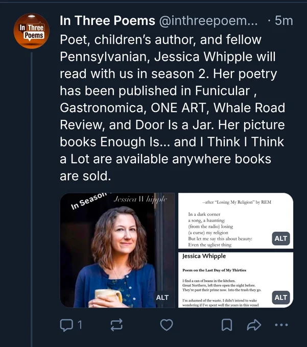 Screen capture of a post from Bluesky with the author's picture and details about her pub credits