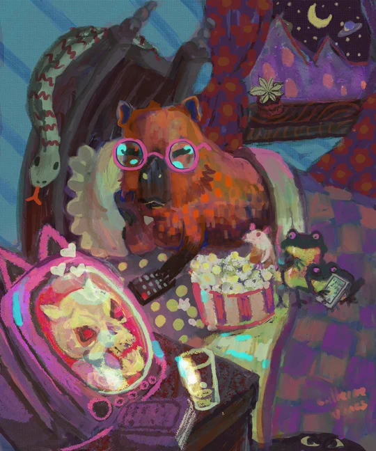 painting, in a bedroom at night there is a capybara with pink glasses lying on the bed watching a movie showing a skull, and on the bed there are also two frogs, one terrified and the other playing with his cell phone, a snake, and a mouse eating popcorn.