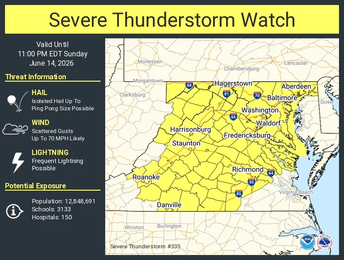 This graphic displays Severe Thunderstorm watch number 335 plotted on a map. The watch is in effect until 11:00 PM EDT. The watch includes parts of District of Columbia, Maryland, Virginia and West Virginia. The threats associated with this watch are no tornadoes expected, isolated hail up to ping pong size possible and scattered gusts up to 70 mph likely. There are 12,848,691 people in the watch along with 3133 schools and 150 hospitals.