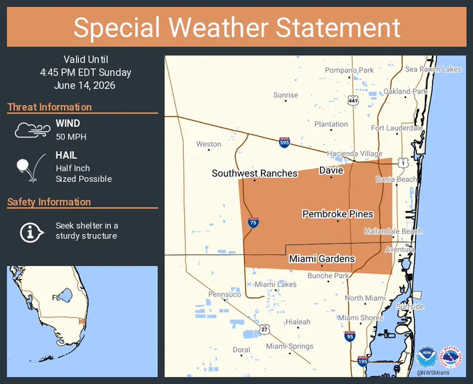This graphic displays a special weather statement plotted on a map. The statement is in effect until 4:45 PM EDT.  The statement includes Pembroke Pines FL, Miramar FL and  Miami Gardens FL.  The threats associated with this storm are wind gusts up to 50 MPH and half inch sized hail. Seek shelter in a sturdy structure until the storm passes.