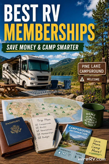 RV campsite with travel planning materials, campground information, and membership research resources.
