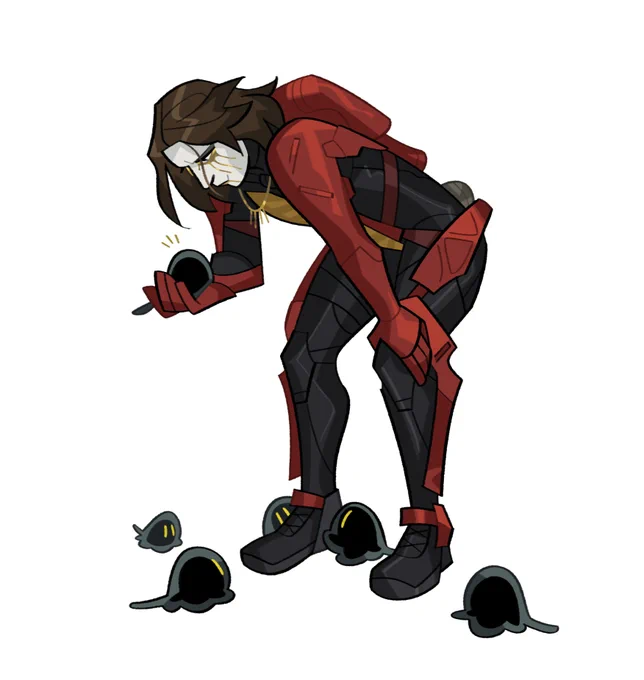 A drawing of Mech Higgs from Death Stranding 2, holding a mouse chiral creature curiously while others gather around his feet.