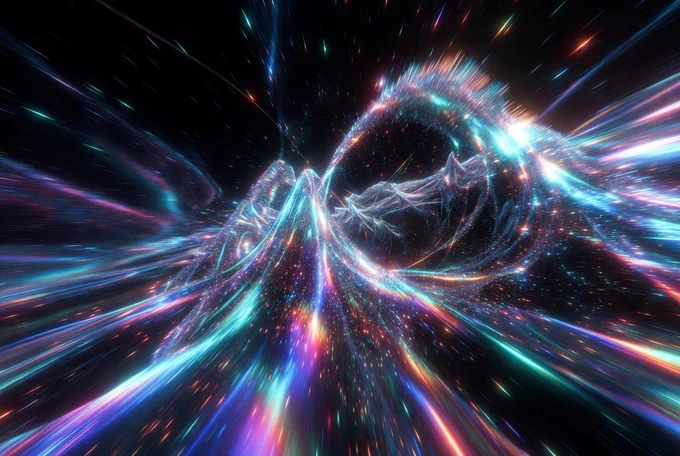 Quantum wave function ψ in deep cosmic space where probability clouds are actively collapsing into sharp luminous particles, intricate phase interference patterns and wave crests in neon cyan, electric blue and vibrant magenta. Particles crystallizing into existence with sparkling light trails. Dramatic cinematic volumetric lighting, god rays cutting through cosmic dust. Subtle self-similar fractals and golden Fibonacci spirals emerging in the background. Alex Grey sacred geometry pulsing with electric blues and neon pinks. Surreal photorealistic, extreme 3D depth, optical illusions, mind-boggling design. Anamorphic distortion, parallax effect, atmospheric perspective, strong 3D effect, sharp contrasts, chiaroscuro. Hyper-saturated spectral colors with internal glow, ray-tracing, 8K. Where does it begin? Where does it end?