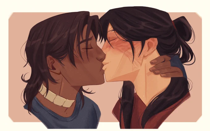 ID: A drawing of Sokka kissing Zuko from ATLA. Both of their eyes are closed and Sokka is holding the back of Zuko's head. Zuko's long hair is pulled back into a messy bun with hair escaping and Sokka's hair is down and in his face. Sokka's eyebrow is drawn together passionately, and there's a slight smile on Zuko's face. The colors are tinted purple. End ID.
