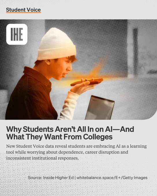 A color blocked stock image of a student talking into their cell phone while working on a laptop.
In black text the kicker Student Voice, the headline Why Students Aren’t All In on AI—And What They Want From Colleges, and the lede New Student Voice data reveal students are embracing AI as a learning tool while worrying about dependence, career disruption and inconsistent institutional responses.
Photo source: Inside Higher Ed | whitebalance.space/E /Getty Images