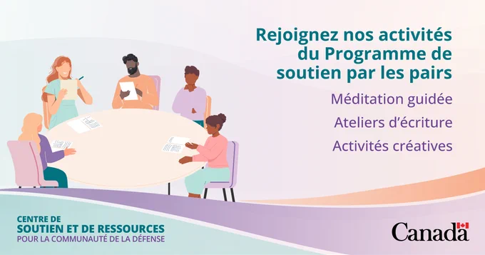 
 fr: Illustration d’un groupe assis autour d’une table participant à une séance de soutien par les pairs, faisant la promotion de la méditation guidée, des ateliers d’écriture et d’activités créatives.
