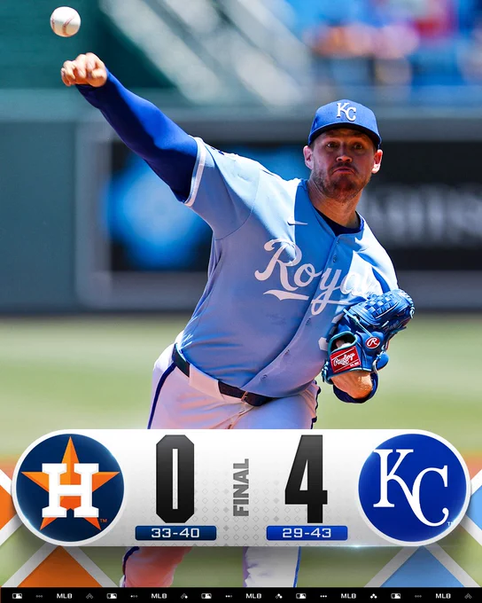 Final Score Graphic 06/14/2026
Astros 0 (33-40) vs. Royals 4 (29-43)
Pictured: Stephen Kolek throws a pitch. He wears a light blue Royals jersey and dark blue cap.