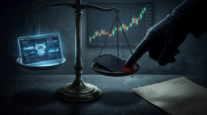 Brass scales weighing two AI models, a gloved hand tipping one down, stock chart and government letter in background