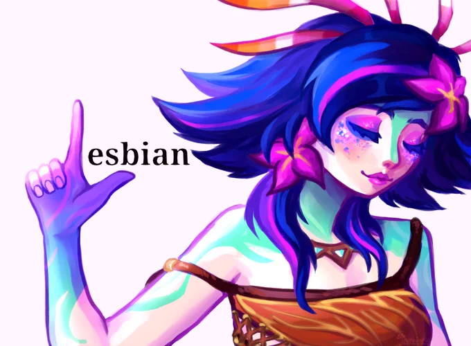 A drawing of Neeko from League of Legends, with her right arm bent upwards and her hand forming the letter 'L', with the text 'esbian' written right after it. She looks very smug and happy about it.