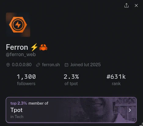 A cropped screenshot of Ferron web server profile, as shown on atlas.tiago.zip.