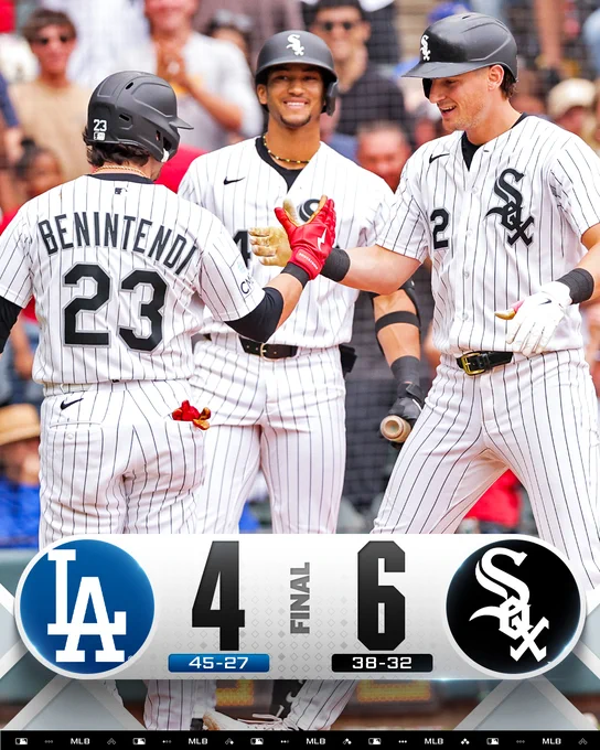 Final score: Los Angeles Dodgers 4, Chicago White Sox 6
Team records: Dodgers 45-27, White Sox 38-32
Pictured: Colson Montgomery high-fives Andrew Benintendi Sunday at Rate Field. Braden Montgomery smiles wide in the background.