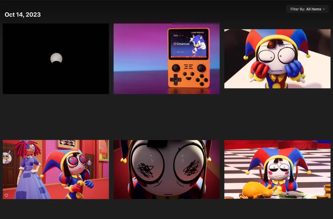 Screenshot of the macOS Photos app showing four different screen grabs from The Amazing Digital Circus pilot—a 3D-animated show. The screenshots show Pomni, a jester character with various facial expressions in each picture. She usually looks quite freaked out. Poor Pom Pom.