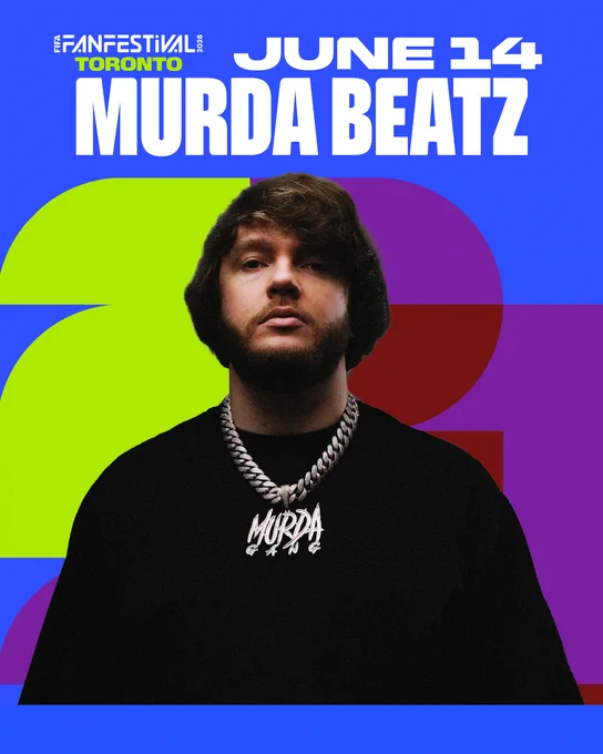 Promotional poster for Murda Beatz performing at Fan Festival Toronto on June 14 with bold colorful background and large white text.