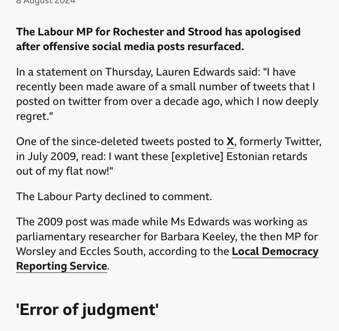A press report showing that Lauren Edwards in 2009 used the disablist slur 'retards' on Twitter. She says she deeply regrets it now.