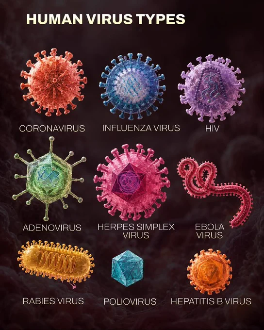 Human viruses come in many shapes and structures, each designed to infect cells and spread in different ways. Some, like coronavirus and influenza, primarily affect the respiratory system, while others such as HIV attack the immune system. Viruses like herpes simplex can remain dormant for years, and hepatitis B targets the liver. Understanding these diverse virus types helps scientists develop vaccines, treatments, and strategies to prevent disease and protect public health worldwide.