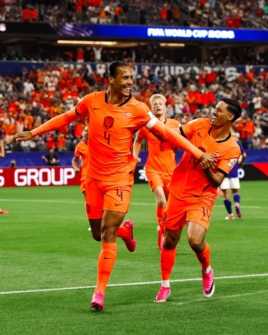 Photography of Virgil van Dijk celebrating his goal for Netherlands against Japan at the 2026 World Cup.