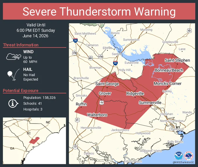 This graphic displays a severe thunderstorm warning plotted on a map. The warning is in effect until 6:00 PM EDT. The warning includes Summerville SC, Moncks Corner SC and Walterboro SC. The threats associated with this warning are wind gusts up to 60 MPH and no hail expected. There are 158,326 people in the warning along with 41 schools and 3 hospitals.