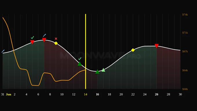 Moonwave 4-week Predicted Market Sentiment chart for June 14, 2026. The chart displays predicted bullish/bearish market sentiment and likely buy/sell/derisk points. The price of BTC is displayed as an orange line.