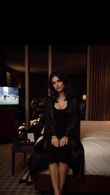 Photorealistic editorial portrait of an elegant brunette woman sitting on a luxury hotel bed at night. She is wearing a black fitted dress and a black silk robe. The background features floor-to-ceiling windows with twinkling city lights, and a blurred television showing a football match. Warm, low cinematic lighting, quiet luxury and dark feminine aesthetic.