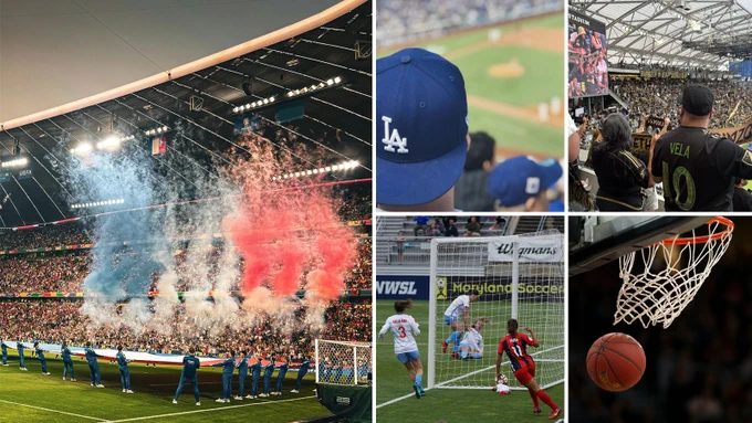 Clockwise from left: Opening ceremonies from World Cup match with colored smoke; Person with his LA Dodgers cap turned backwards at the stadium; Fans waving their scarves at LAFC match; Goal scored during NWSL match; and basketball going through hoop. Images by Johannes Hübner, Mat Weller, Jeffrey F Lin, and Markus Spiske on Unsplash.