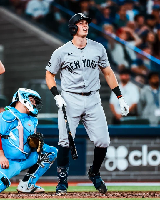 Ben Rice looks at his go-ahead homer against the Blue Jays.