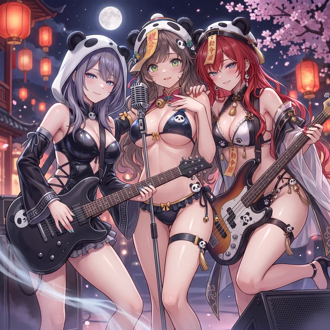 Girl rock band trio "Tri Luce" Performing in fully clothed panda outfits