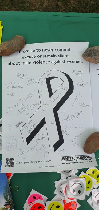 A wonderful show of support for White Ribbon UK in solidarity with tackling Violence Against Women and Girls on the poster brought by Avril Coelho Creations an Accredited White Ribbon UK Supporter Organisation. Those who signed also took a sticker to raise awareness and advice cards incase they ever need to help someone. 