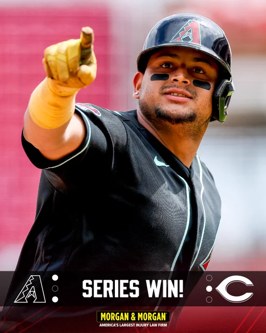 Series Win! 

Diamondbacks (logo) | Reds (logo)

The graphic features an image of Gabriel Moreno pointing while rounding the bases after hitting a home run. He is wearing a black Diamondbacks jersey and batting helmet. 

Morgan & Morgan (logo)