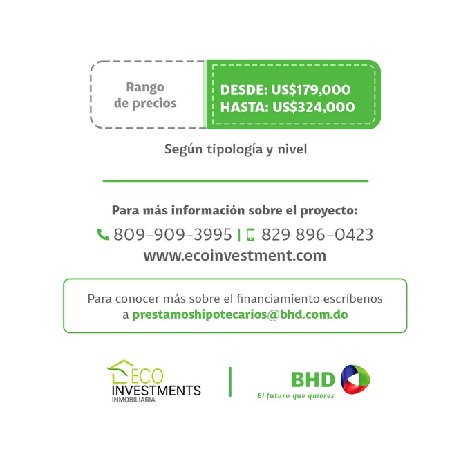 Haz realidad tu pr\u00F3ximo hogar en Naco \uD83C\uDFD9\uFE0F\u2728\n\nPara m\u00E1s informaci\u00F3n sobre el proyecto con Eco Investments Inmobiliaria:\n\uD83D\uDCDE (809) 909-3995 / (829) 896-0423\n\uD83C\uDF10 ecoinvestments.com\n\nPara conocer m\u00E1s sobre financiamiento con BHD:\n\uD83C\uDF10 bhd.com.do\n\u2709\uFE0F prestamoshipotecarios@bhd.com.do\n\n#BancoBHD #Pr\u00E9stamosHipotecariosBHD