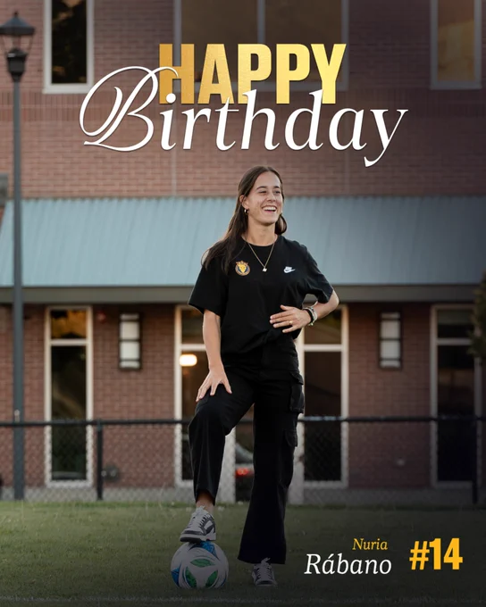 Happy birthday graphic for Nuria Rábano; she's standing on a field wearing a black URFC T-shirt while trapping a soccer ball under her right foot. Above her head reads "Happy Birthday," and in the bottom right corner, it reads "Nuria Rábano #14."