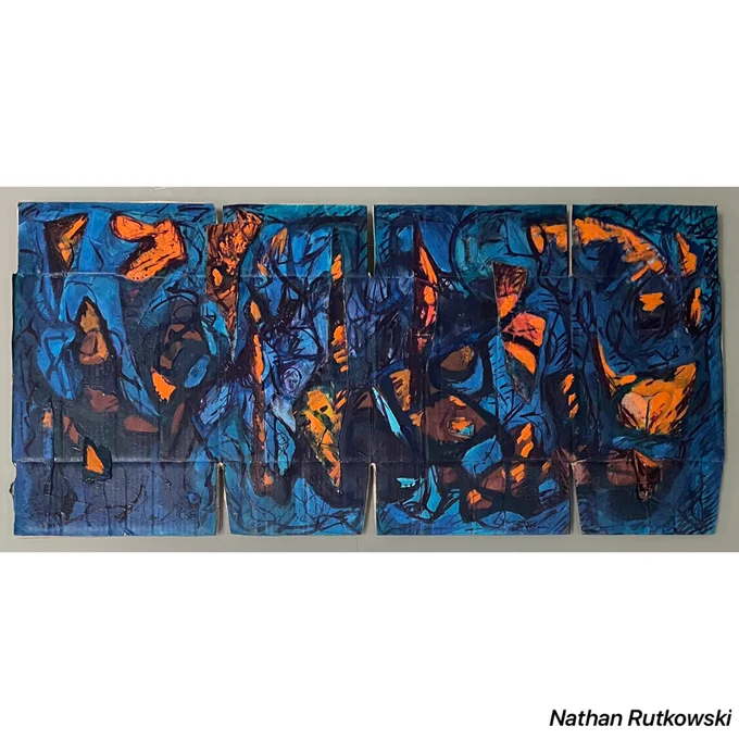 Composition 4/22/2023, Acrylic on wood and cardboard, in my home over the archway from dining room to living room. I thought it looked good there, but it would look much better in your house 😉😂!

#nathanrutkowskiartist