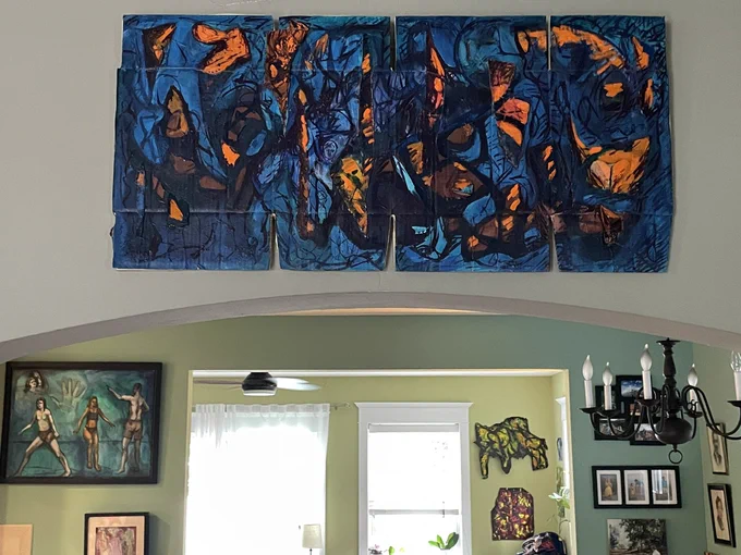 Composition 4/22/2023, Acrylic on wood and cardboard, in my home over the archway from dining room to living room. I thought it looked good there, but it would look much better in your house 😉😂!

#nathanrutkowskiartist