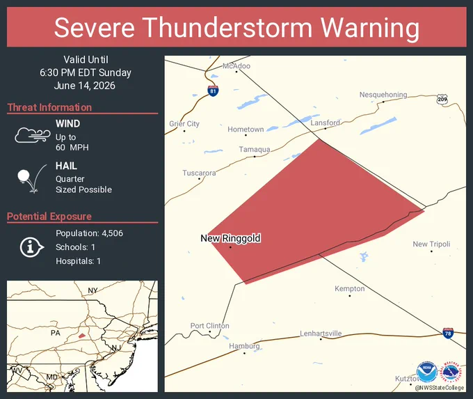 This graphic displays a severe thunderstorm warning plotted on a map. The warning is in effect until 6:30 PM EDT. The warning includes New Ringgold PA.  This warning is for East central Schuylkill County in central Pennsylvania. The threats associated with this warning are wind gusts up to 60 MPH and quarter sized hail. There are 4,506 people in the warning along with 1 school and 1 hospital.