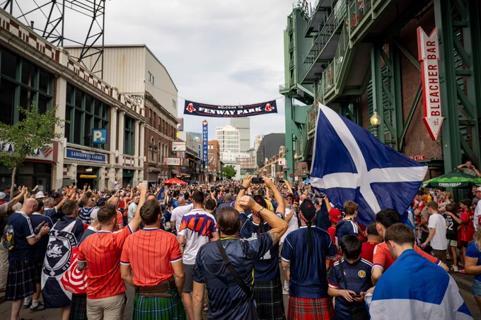 Lansdowne Street packed with fans ahead of Scottish Celebration Night at Fenway Park.