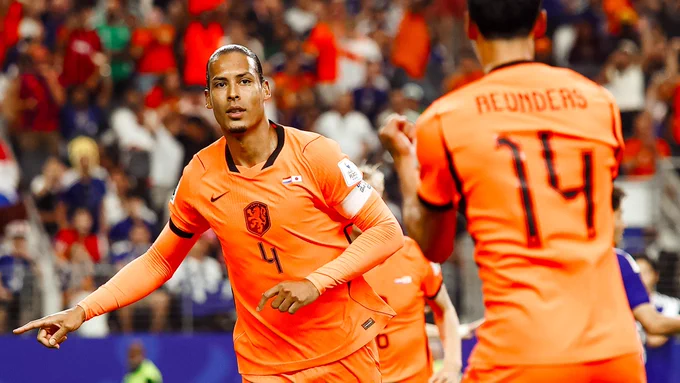 Photography of Virgil van Dijk in action for Netherlands against Japan at the 2026 World Cup. The match finished 2-2.