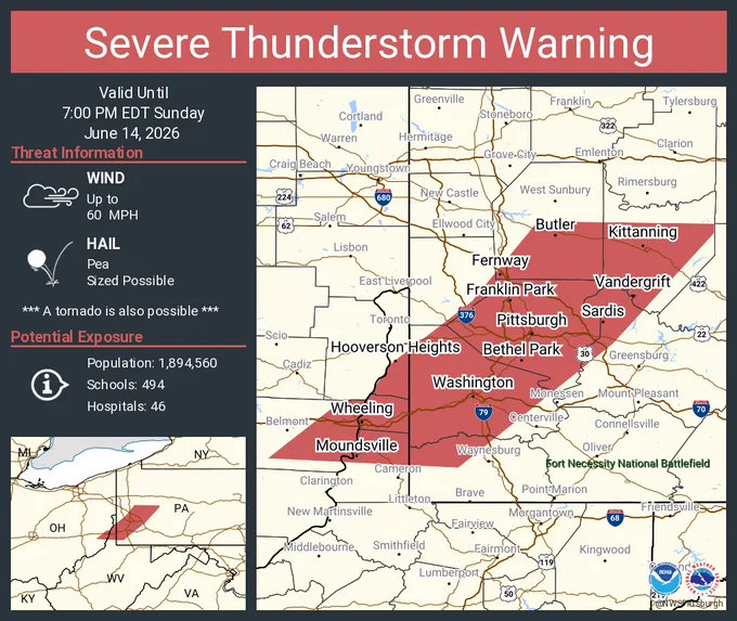 This graphic displays a severe thunderstorm warning plotted on a map. The warning is in effect until 7:00 PM EDT. The warning includes Pittsburgh PA, Bethel Park PA and Wheeling WV.  This warning is for Eastern Belmont County in east central Ohio, Allegheny County in southwestern Pennsylvania, Northwestern Greene County in southwestern Pennsylvania, Washington County in southwestern Pennsylvania, Northwestern Westmoreland County in southwestern Pennsylvania, Armstrong County in west central Pennsylvania, Southern Butler County in west central Pennsylvania, Southeastern Beaver County in western Pennsylvania, Brooke County in northern West Virginia, Marshall County in northern West Virginia and Ohio County in northern West Virginia. The threats associated with this warning are wind gusts up to 60 MPH and pea sized hail. There are 1,894,560 people in the warning along with 494 schools and 46 hospitals.