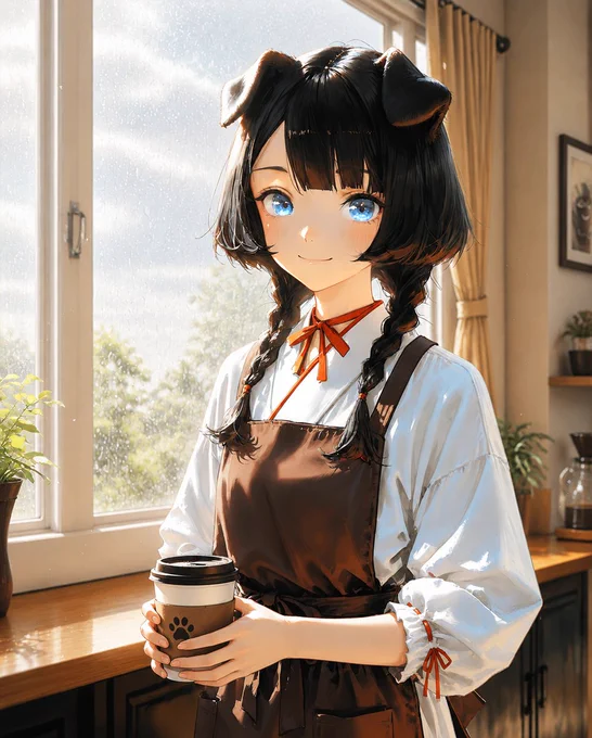 日本語 ALT：
明るい窓辺のカフェ店内で、黒い犬耳の店員さんがあたたかいブレンドコーヒーのカップを持っています。白いブラウスと茶色のエプロン姿で、少し曇った朝の光の中、月曜の朝にそっと一息つけるような穏やかな雰囲気です。

English ALT：
A black dog-eared café clerk holds a warm cup of blended coffee inside a bright café by the window. Wearing a white blouse and brown apron, the clerk stands in soft, slightly cloudy morning light, creating a calm Monday morning atmosphere.