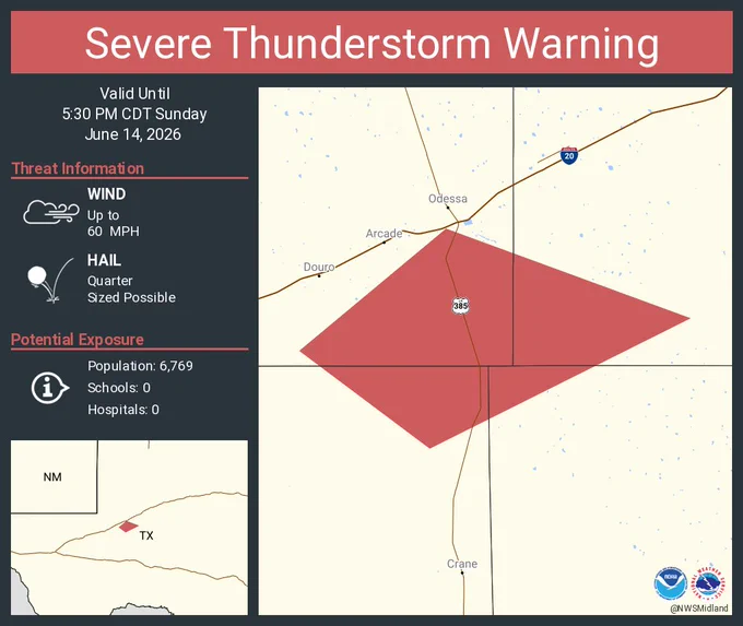 This graphic displays a severe thunderstorm warning plotted on a map. The warning is in effect until 5:30 PM CDT. The warning includes Crane County, TX, Ector County, TX, Midland County, TX, Upton County, TX.  This warning is for Southeastern Ector, Southwestern Midland, Northeastern Crane and Northwestern Upton Counties. The threats associated with this warning are wind gusts up to 60 MPH and quarter sized hail. There are 6,769 people in the warning along with 0 schools and 0 hospitals.