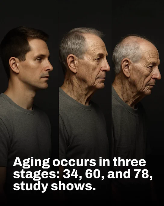 Did you know aging doesn’t happen gradually — it comes in waves?

A major study published in Nature Medicine found that our bodies go through three major aging shifts at around age 34, 60, and 78. Scientists analyzed the blood of over 4,000 people and discovered that hundreds of proteins — linked to metabolism, immunity, and organ function — suddenly change at those ages.

This means your body may enter new “biological stages” at those key points in life — not just slowly get older. Aging, it turns out, has milestones.