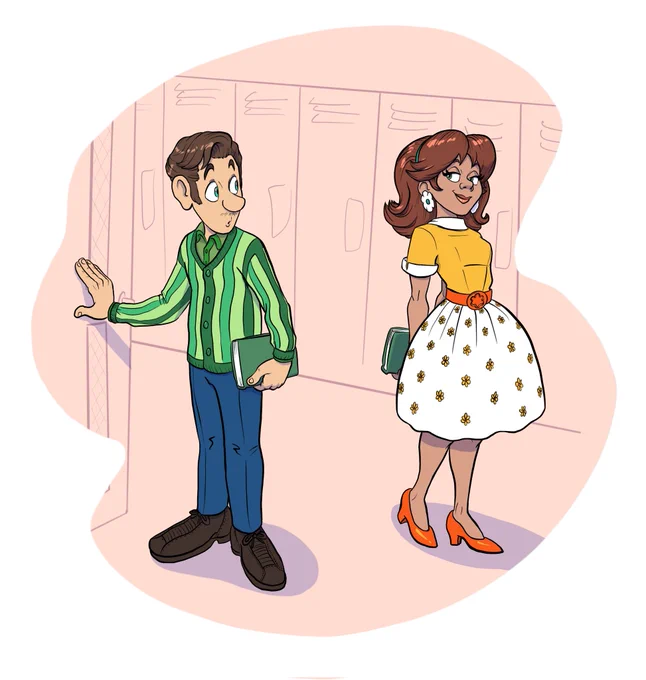A fan made drawing featuring Luigi and Daisy from the Mario games, wearing late 50s to early 60s style clothing. They're in the hallway of their high school, and Daisy has caught Luigi's eye as she walks past him.