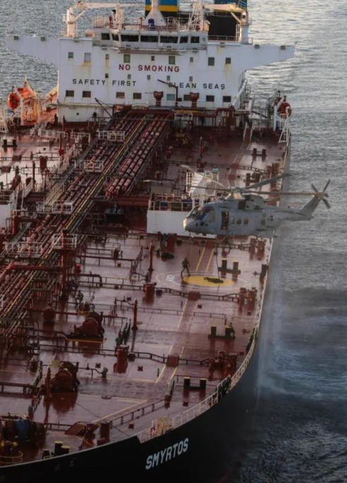 Agency officers boarded the Smyrtos, a Cameroon-flagged Russian oil tanker, in the English Channel. The operation took six hours, supported by Chinook, Merlin and Wildcat helicopters.
