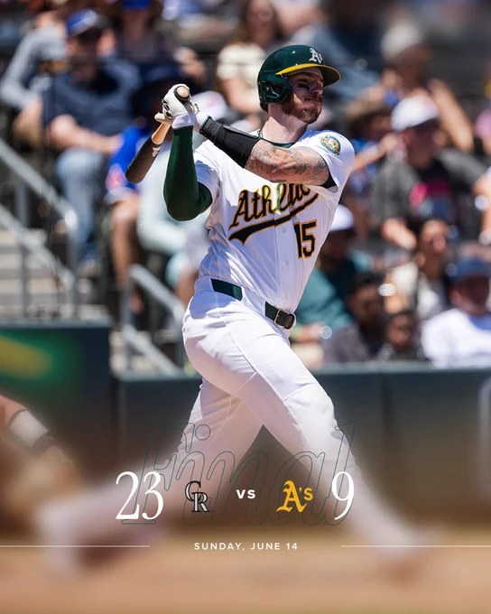 A graphic with the text “Final” and the final score Rockies 23, A’s 9. A picture of Jonah Heim in the background.