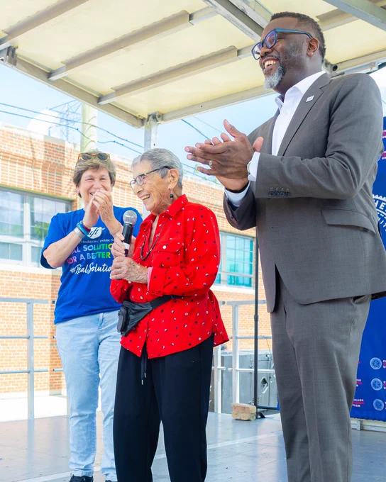 Mayor Brandon Johnson celebrates Beatrice Lumpkin in 2024.