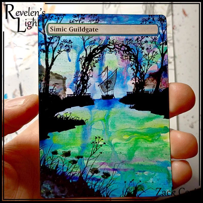 An MTG alter of Simic Guildgate. The altered art is a mix of blues, greens, and purples, all swirled together, with a silhoutte of an arch of trees, with a boat sailing through.