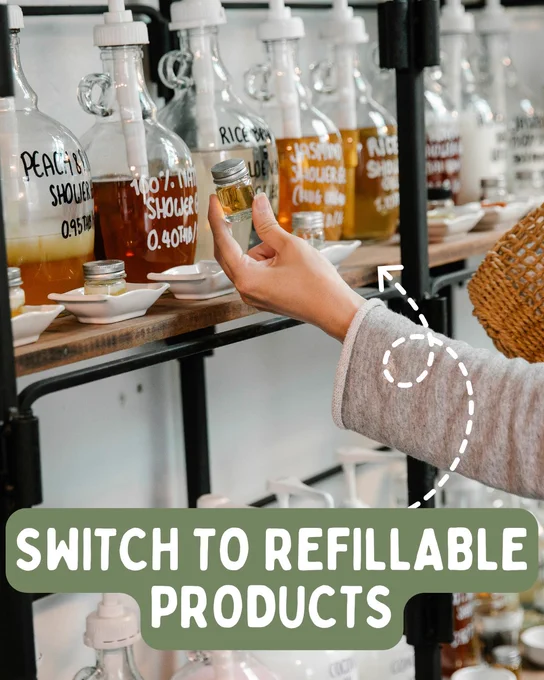 Photo of refillable shower gel bottles in a refill shop. White text on a green background in bottom centre that reads 'switch to refillable products'