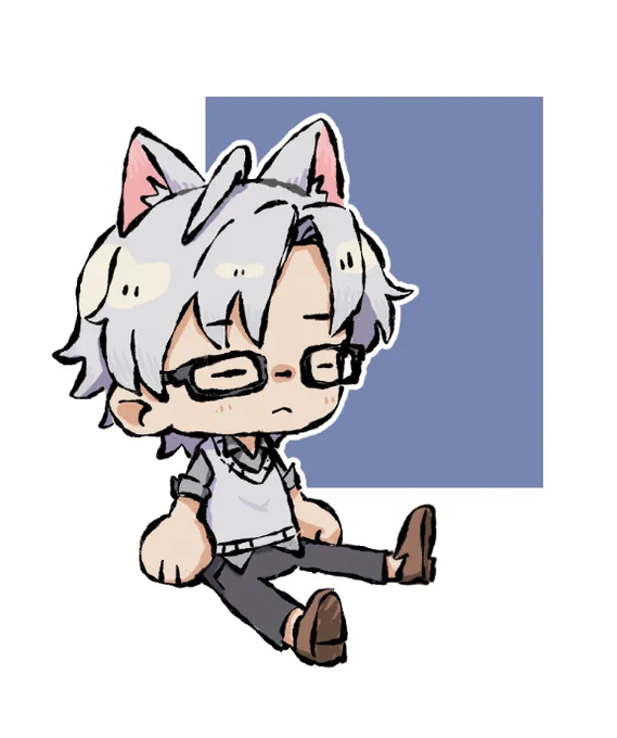 chibi maple sitting down. a blue rectangle is behind him.